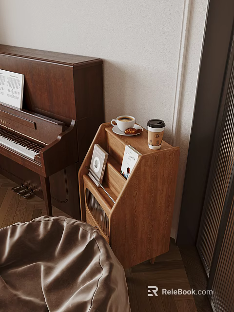Cozy Dining Living Room With Wooden Cabinet Piano Coffee Cup Cookies And Photo Frames 3d model 