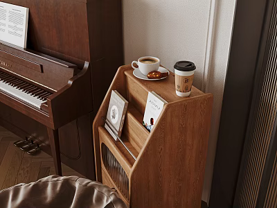 Cozy Dining Living Room With Wooden Cabinet Piano Coffee Cup Cookies And Photo Frames 3d model