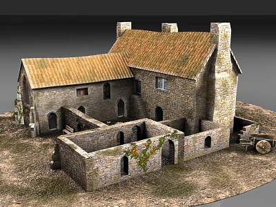 Rural Self Built House With Stone Construction Tiled Roof Chimney And Courtyard 3d model