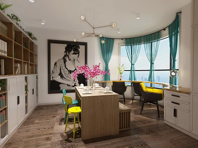 Spacious Modern Hotel Public Lounge Area With Bookshelves Green Curtains Large Windows And Pink Flowers 3d model