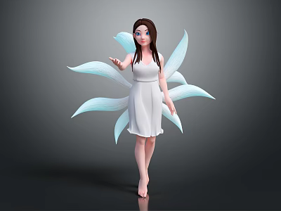 Game and Movie Character Fairy with Long Brown Hair White Dress Blue Petal Wings Barefoot 3d model