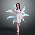 Game and Movie Character Fairy with Long Brown Hair White Dress Blue Petal Wings Barefoot