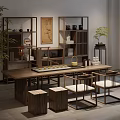 Traditional Chinese Wooden Table And Chair Set With Tea Set Bookshelves Plant And Decorative Painting