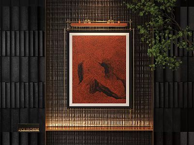Red Abstract Painting With Gold Frame Bamboo Decoration And Green Plant Accent On Black Wall 3d model