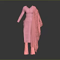 Pink Long Dress With White Polka Dots And Matching Pink Shawl