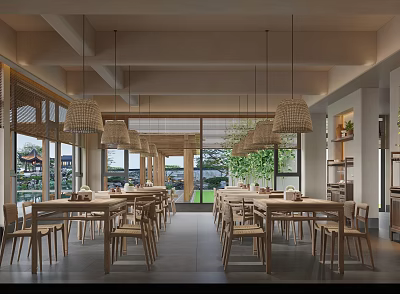 Warm Restaurant Interior With Wooden Tables Chairs Woven Pendant Lights And Large Windows 3d model