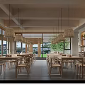 Warm Restaurant Interior With Wooden Tables Chairs Woven Pendant Lights And Large Windows