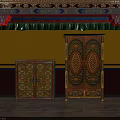 Intricate Patterned Decorative Cabinets With Yellow Wall Colorful Ceiling Red Pillars And Wooden Floor