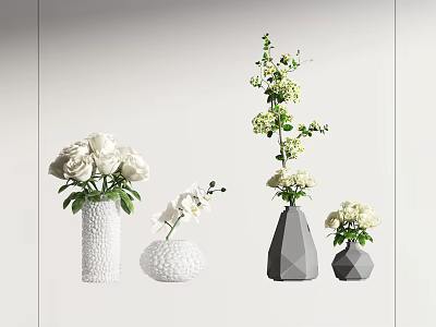 White Flowers In Textured And Geometric Vases Featuring Roses Orchid And Small Blooms 3d model