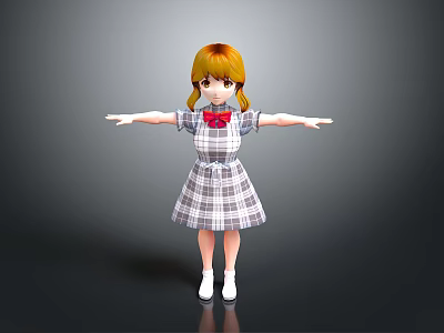 3D Character Yellow Hair Pigtails Plaid Dress Red Bow White Shoes Outstretched Arms Gray Background 3d model