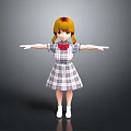 3D Character Yellow Hair Pigtails Plaid Dress Red Bow White Shoes Outstretched Arms Gray Background