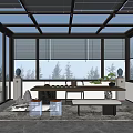Villa Balcony With Glass Roof Roller Blinds Wooden Table Stools Bench And Green Trees View