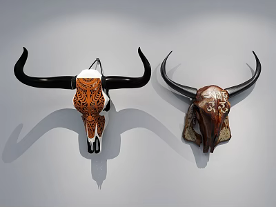 Two White And Brown Patterned Cow Skull Decorative Ornament Set With Black Horns Wall Mounted 3d model