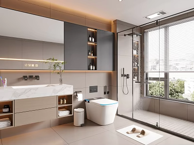 Modern Bathroom Interior Design With Marble Vanity Smart Toilet Glass Shower And Large Mirror 3d model