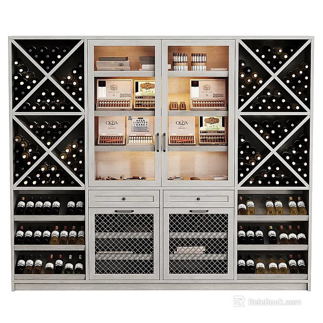 Classic Wine Cabinet With Glass Doors Wooden Shelves And Wine Bottle Storage Compartments 3d model 