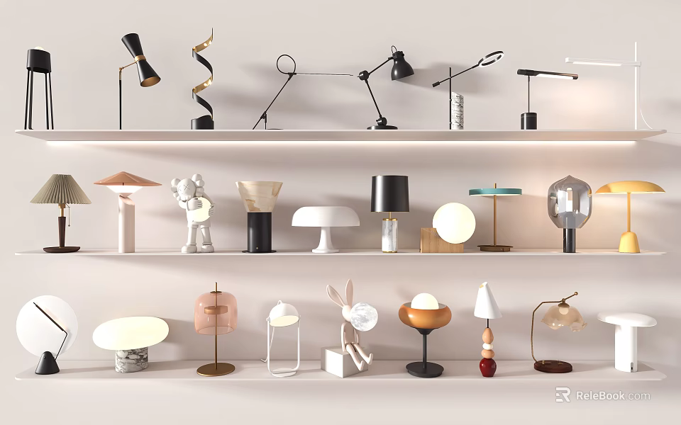 Diverse Creative Lighting Collection Featuring Modern Table Lamps And Decorative Lights On Shelves 3d model 