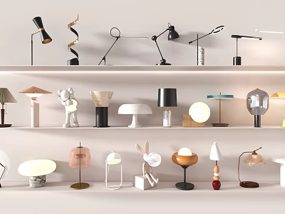 Diverse Creative Lighting Collection Featuring Modern Table Lamps And Decorative Lights On Shelves 3d model