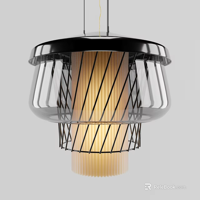 Modern Stylish Pendant Light With Black Metal Grid Frame And Warm Yellow Glow 3d model 