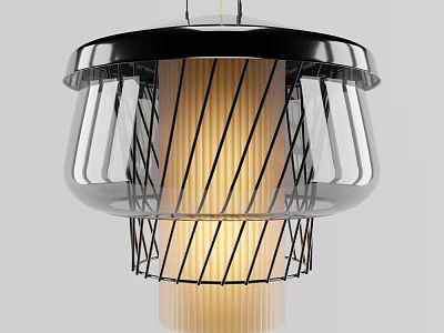 Modern Stylish Pendant Light With Black Metal Grid Frame And Warm Yellow Glow 3d model