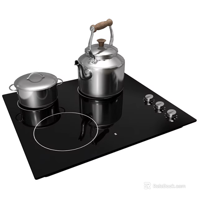 Modern Induction Cooktop With Silver Kettle And Pot For Kitchen Appliances 3d model 