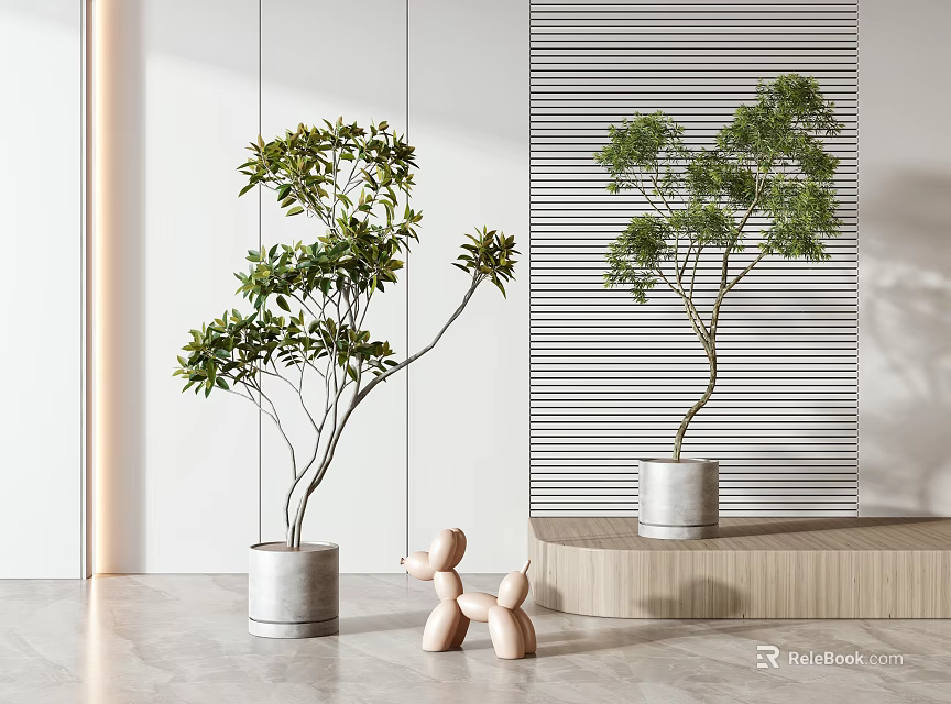 Two Modern Indoor Bonsai Trees in Gray Planters with Wooden Puppy Ornament and Step Platform 3d model 