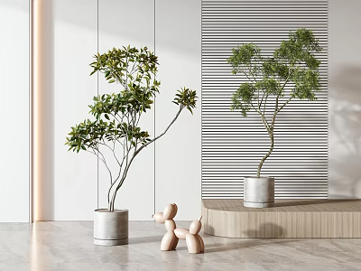 Two Modern Indoor Bonsai Trees in Gray Planters with Wooden Puppy Ornament and Step Platform 3d model