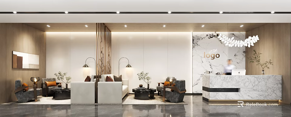Modern Reception Area With Marble Front Desk Sofa Lighting And Logo Wall 3d model