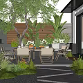 Modern Courtyard Garden Design With Outdoor Dining Furniture Lush Greenery Stone Path And Wooden Fence