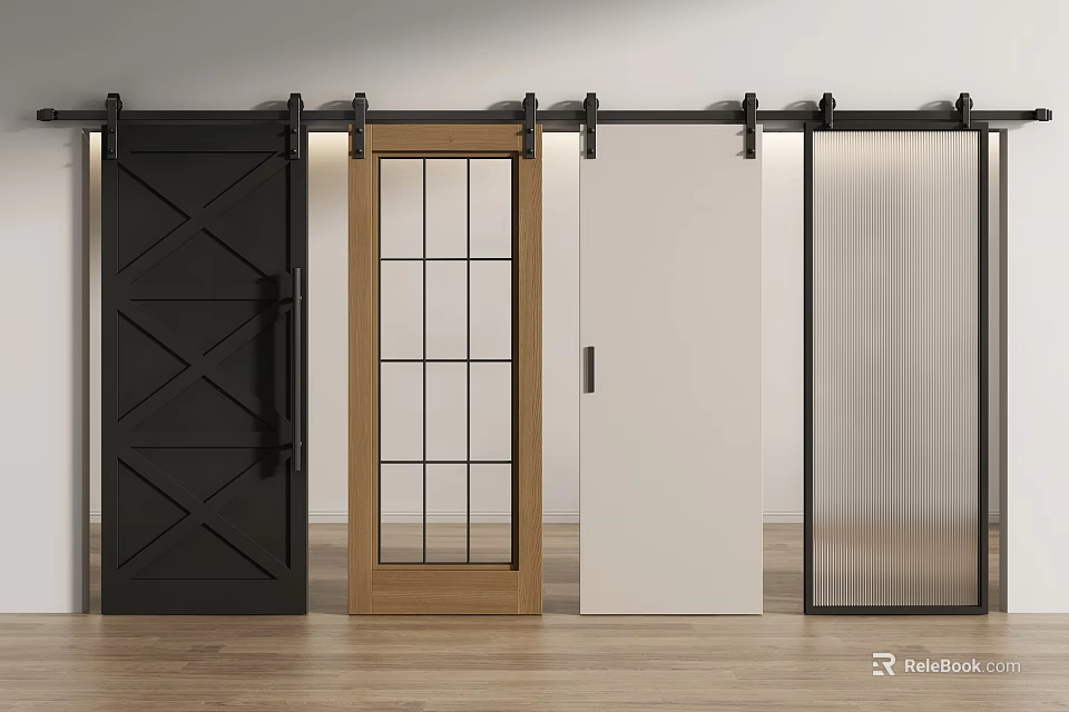 Sliding Barn Doors With Black Wooden White And Frosted Glass Designs For Home 3d model 