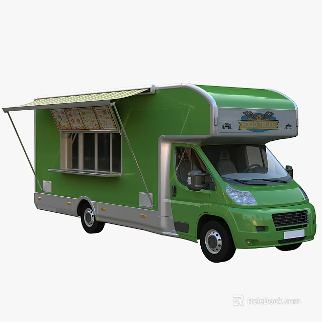Green Food Truck With Open Side Awning And Menu Display Window 3d model 