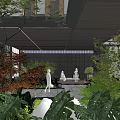 Modern Commercial Landscape Design With Glass Doors Louvered Roof Courtyard Stone Pathway And Lush Greenery