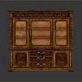 Antique Wooden Cabinet With Carved Design Glass Doors And Pink Interior Drawers