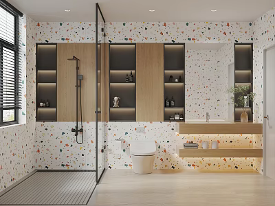 Modern Bathroom Interior With Glass Shower Wooden Shelves And Colorful Tile Walls 3d model