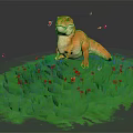 Orange Dinosaur Reptile Standing On Green Grass With Yellow Red Flowers And Flying Red Butterflies