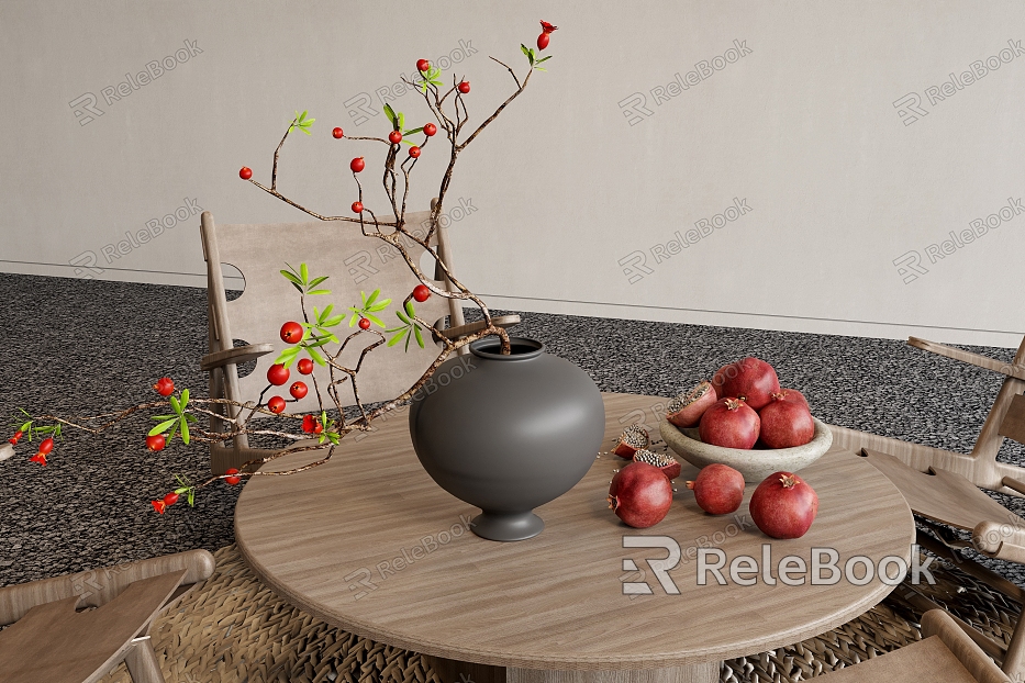 Potted Flower Branch Pottery Pot Fruit Plate Solid Wood Round Table and Chair Combination model