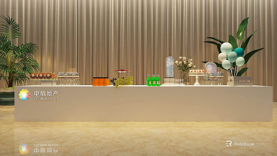 Professional Commercial Equipment For Event Display With Counter Fruits Drinks And Balloons 3d model 