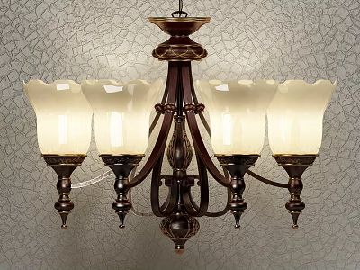 Classic Vintage Chandelier With Four White Petal Shaped Glass Lampshades And Dark Decorative Frame 3d model