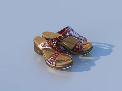 Red Open Toe Slippers With Floral Pattern Wooden Sole And Buckle 3d model