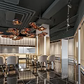 Modern Restaurant Interior With Wooden Slat Partitions Pendant Lights And Reflective Flooring