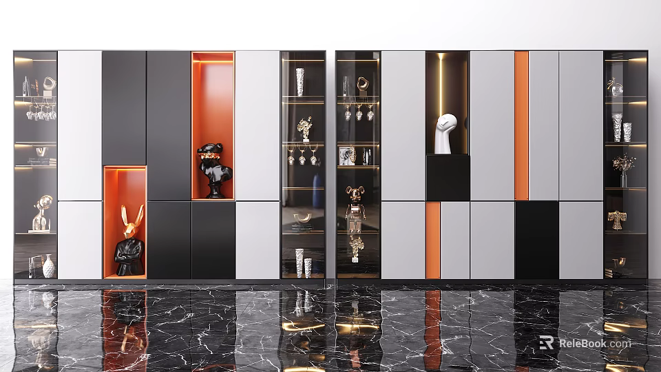 Modern Wine Cabinet With Sleek Black White Orange Panels And Glass Display Doors 3d model 