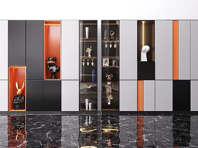 Modern Wine Cabinet With Sleek Black White Orange Panels And Glass Display Doors 3d model