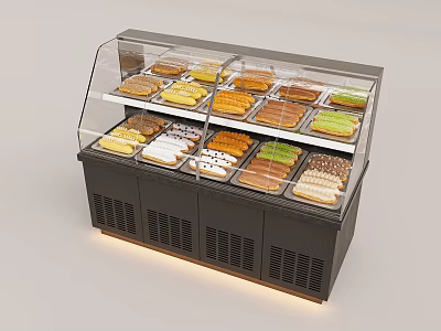 Display Showcase Shelf With Double Layer Transparent Glass Cover Displaying Various Commercial Pastries 3d model