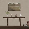 Beige Wall Interior With Landscape Painting Wooden Console Table Green Plant And Ceramic Vases