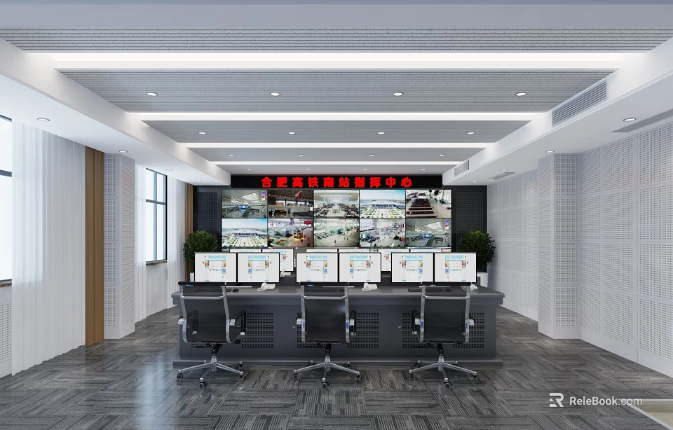 Modern Monitoring Room Interior Design With Multiple Screens Control Desk And Office Chairs 3d model 
