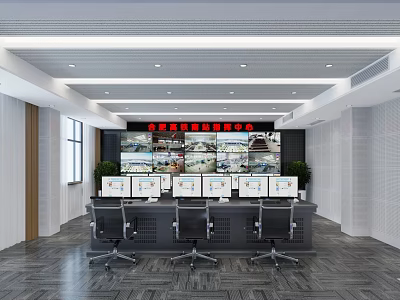 Modern Monitoring Room Interior Design With Multiple Screens Control Desk And Office Chairs 3d model