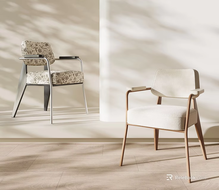 Stylish Fabric Upholstered Dining Chairs With Armrests In Metal And Solid Wood Frames For Home Decoration 3d model 
