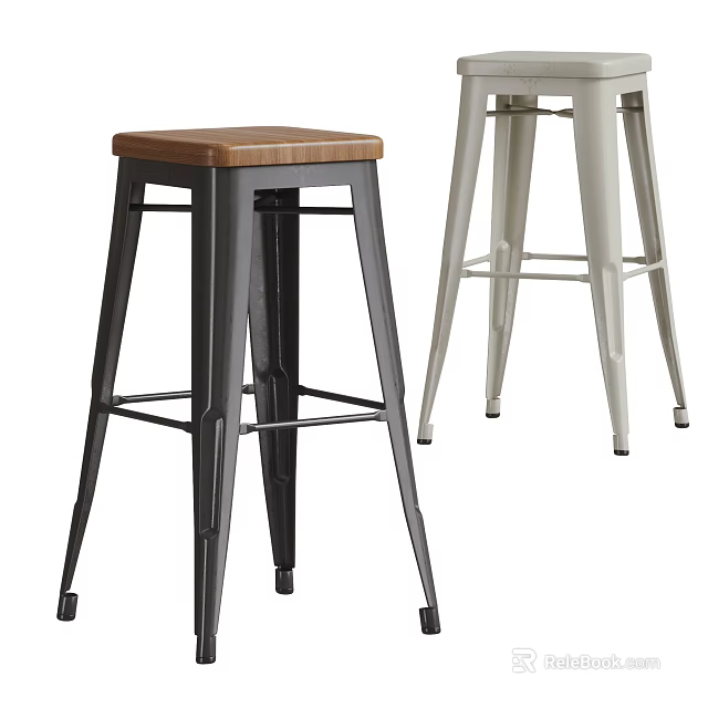 Set Of Two Modern Bar Stools With Black Light Gray Metal Frame And Wooden Seat 3d model 