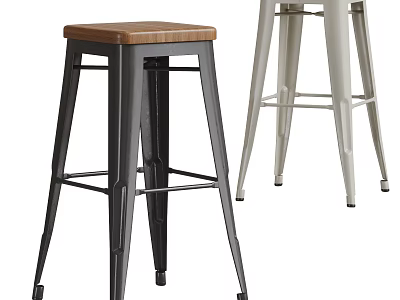 Set Of Two Modern Bar Stools With Black Light Gray Metal Frame And Wooden Seat 3d model