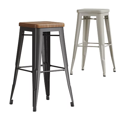 Set Of Two Modern Bar Stools With Black Light Gray Metal Frame And Wooden Seat 3d model