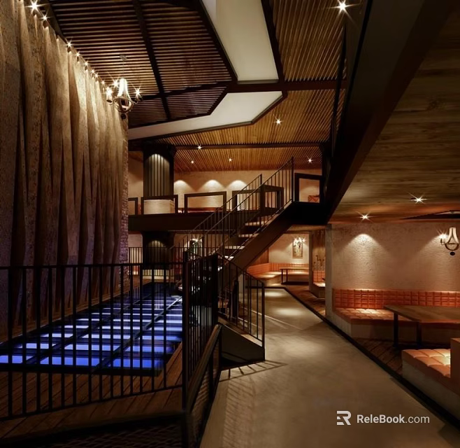 Modern Restaurant Interior With Wooden Ceiling Chandeliers Staircase And Cozy Seating Area 3d model 
